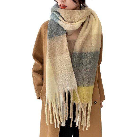 Women's Grey Bright Yellow Winter Warm Shawl Cold Weather Thick Blanket Scarf